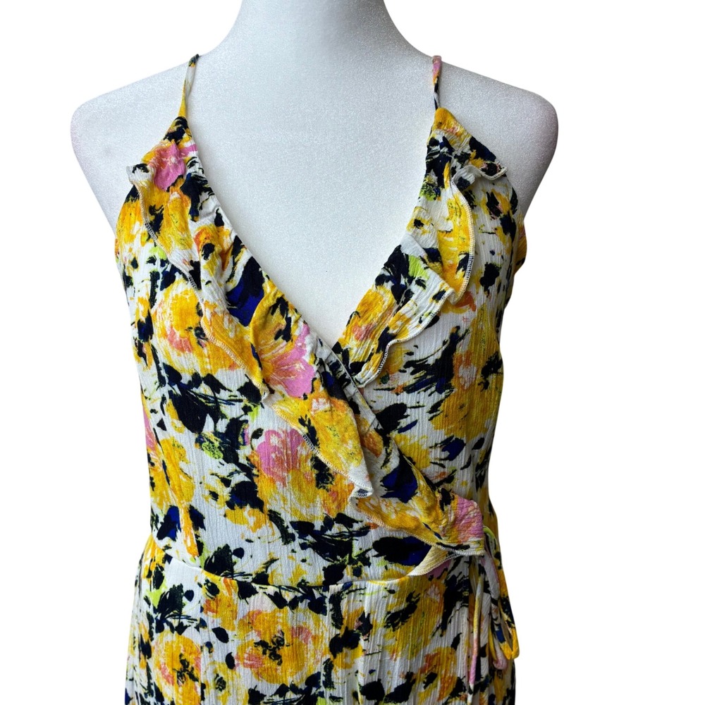 Olivia Grey Floral Maxi Dress Womens Large Yellow Pink Ruffle V-Neck Sleeveless
